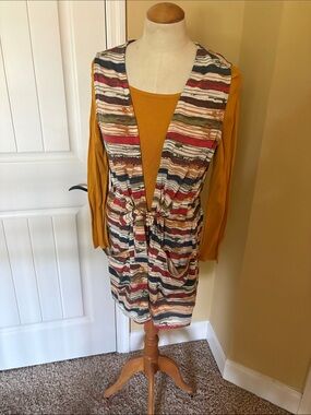 Striped Tie-Waist Long Vest with Mustard Top Set